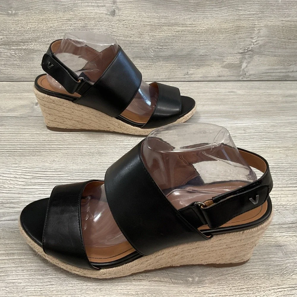 Vionic Brooke Black Leather Espadrille Wedge Beautiful Sandals Women's Size 10 M